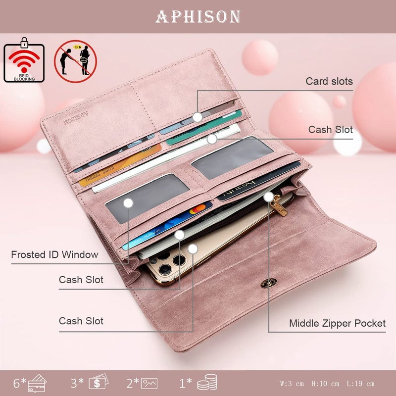 APHISON محفظة نسائية من APHISON مع حماية RFID من جلد PU، محفظة طويلة لحامل البطاقات وتنظيم الهاتف للسيدات، حقيبة سفر، تصميم زهرة عباد الشمس مع علبة هدايا 2214 باللون الوردي الداكن - Image 2
